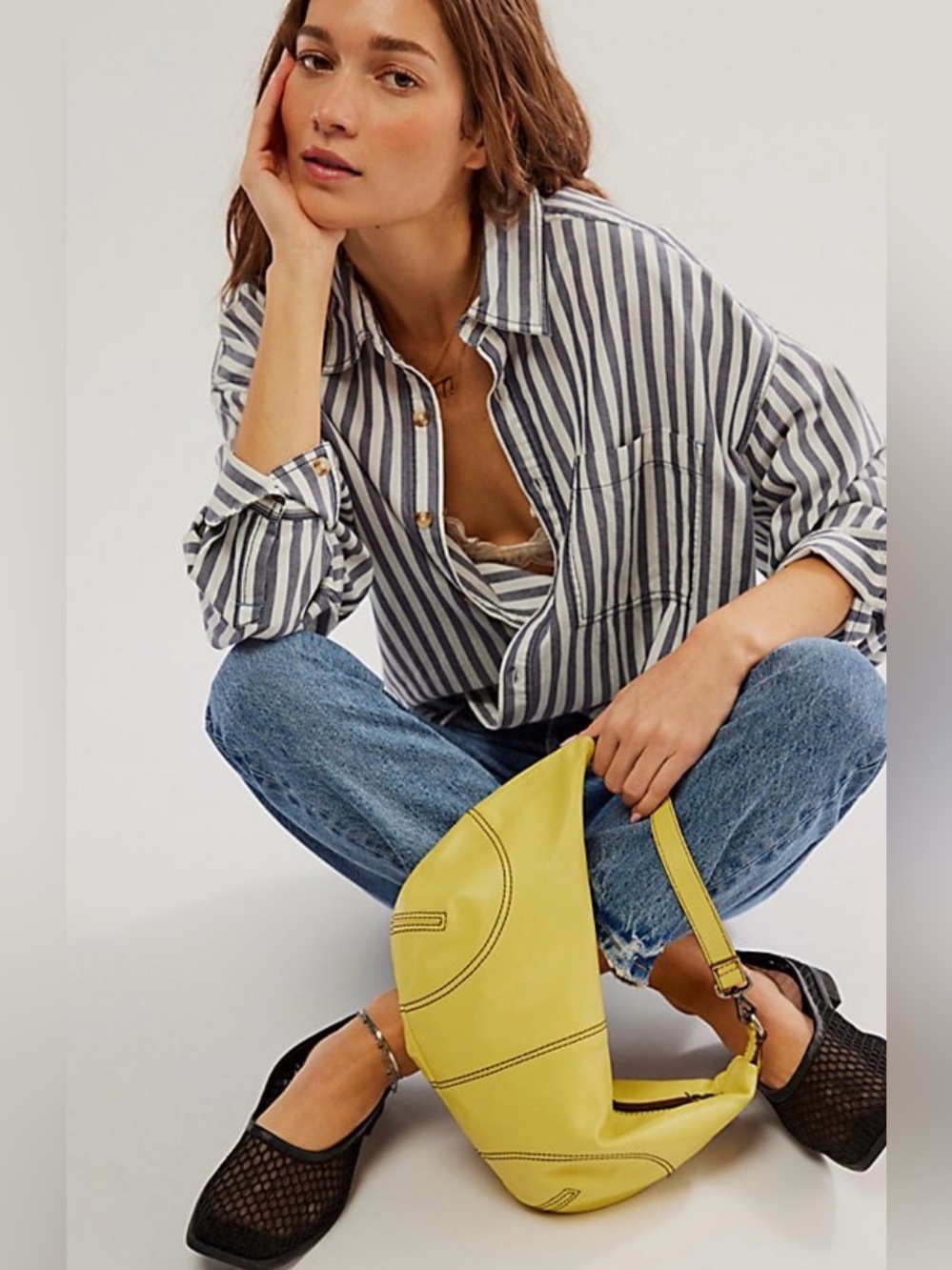 Free People Yellow Crescent Shoulder Bag boho indie sheepskin leather timeless